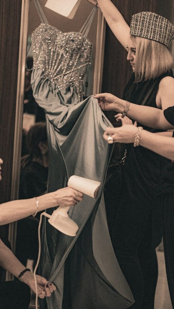 Dress gets steamed before the big event.